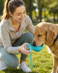Woman giving her golden retriever water from the Fortek Pet bottle in the park
