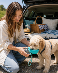 Puppy drinking from the Fortek Pet bottle at the trunk of a car during a road trip